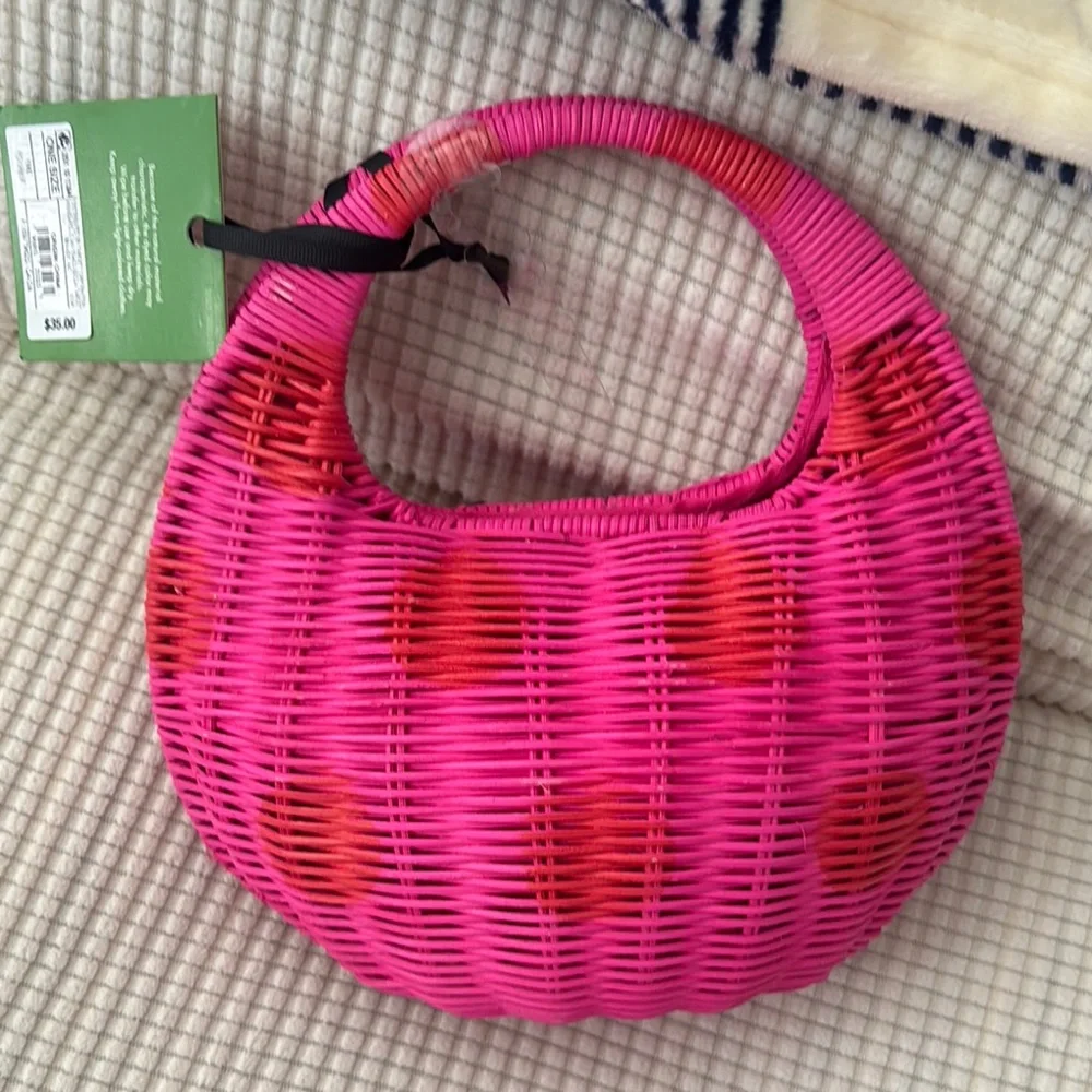Kate Spade Pink Woven Handbag polka dots - Picture 2 of 6